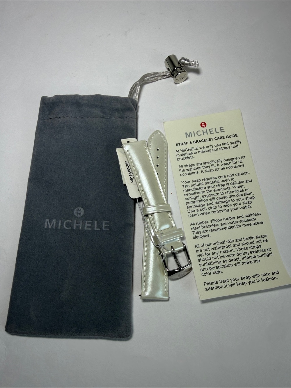 Michele Glossy Pearl White Genuine Leather Watch Strap with Silver Buckle